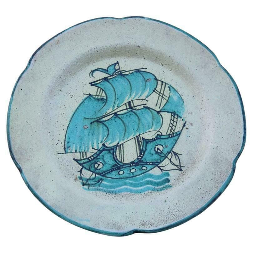 Round Plate By Avallone Vietri With Central Decoration 1950s With Sailing Ship