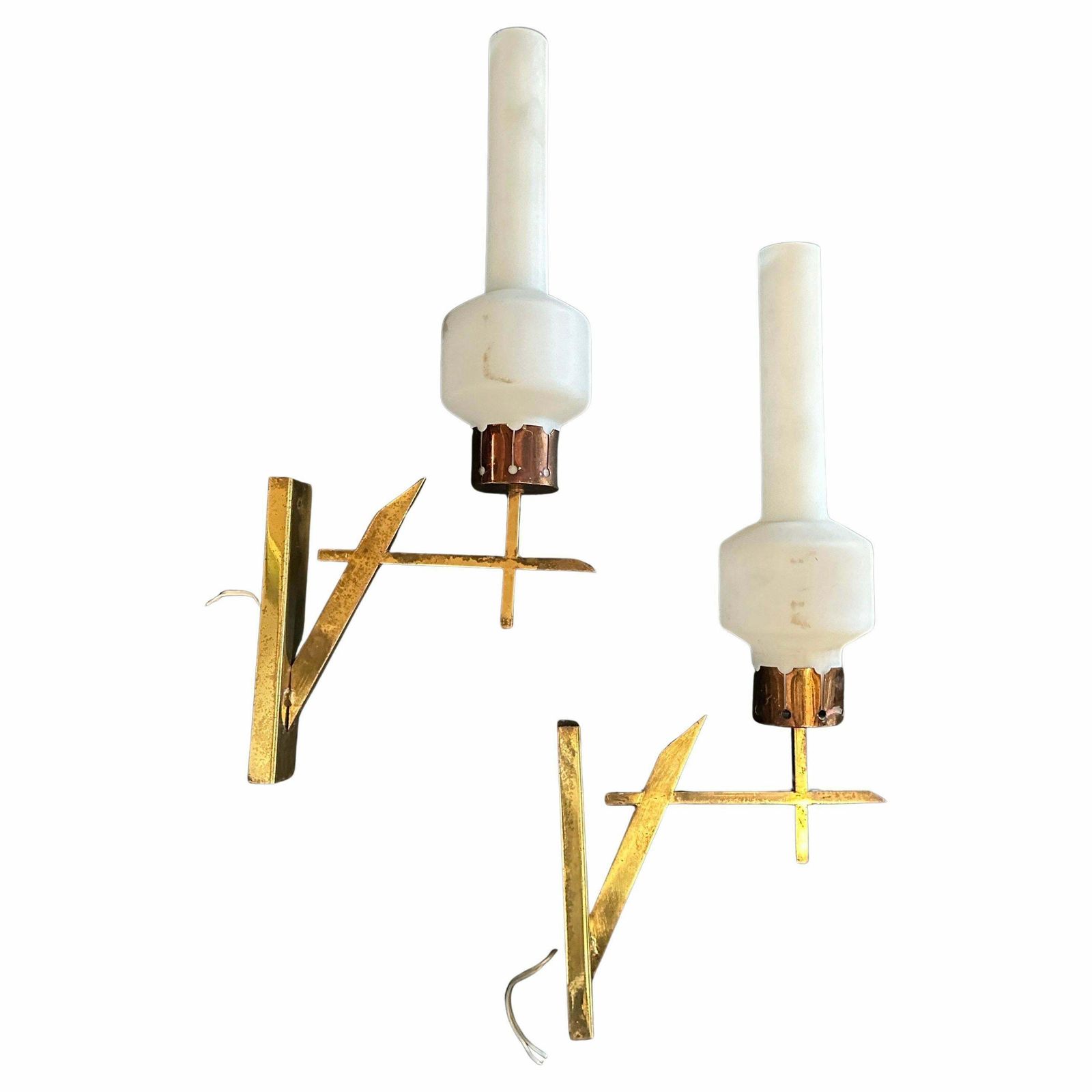 Two 1950s Stilnovo Style Mid Century Modern Brass And Glass Italian Wall Sconces