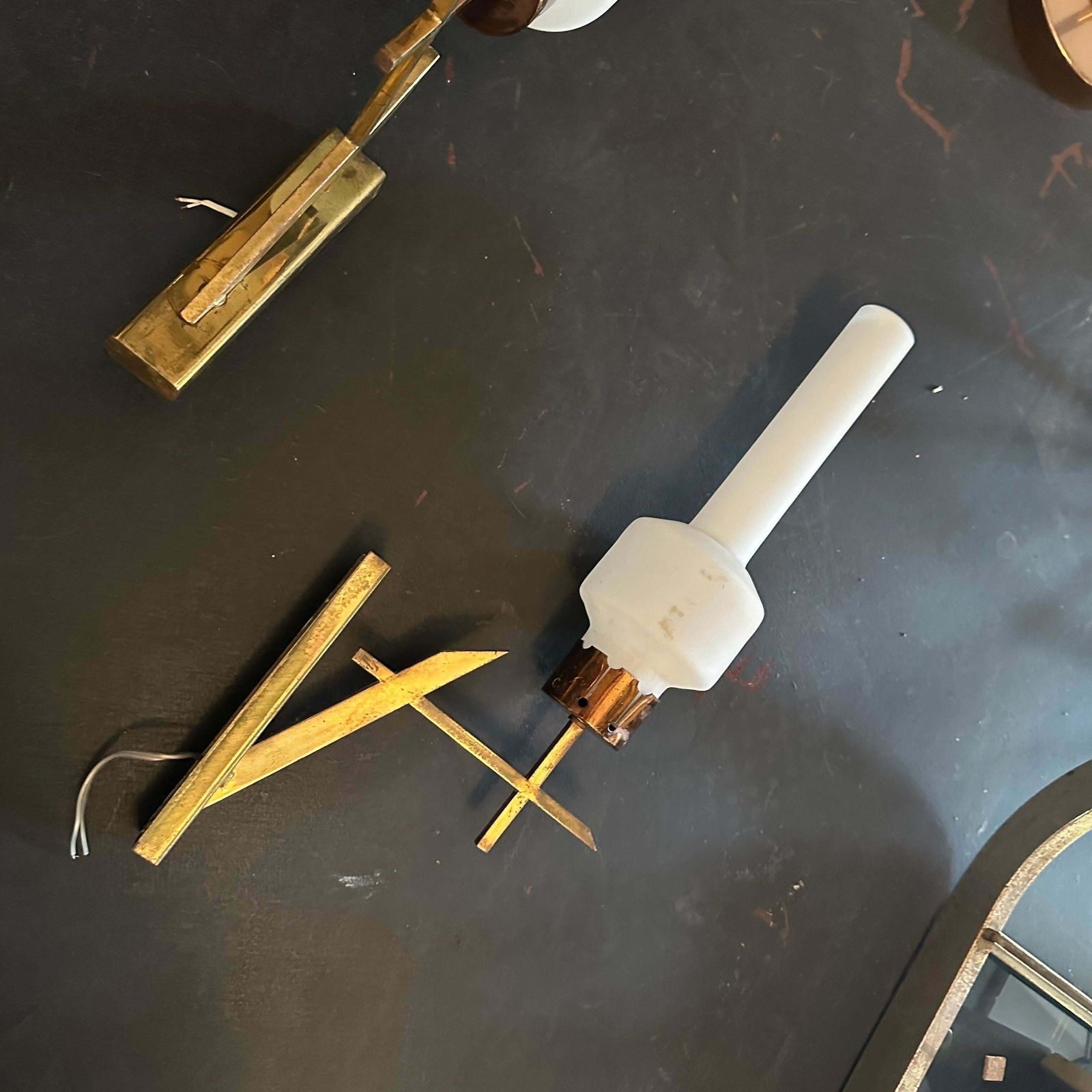 Two 1950s Stilnovo Style Mid Century Modern Brass And Glass Italian Wall Sconces photo vinterior