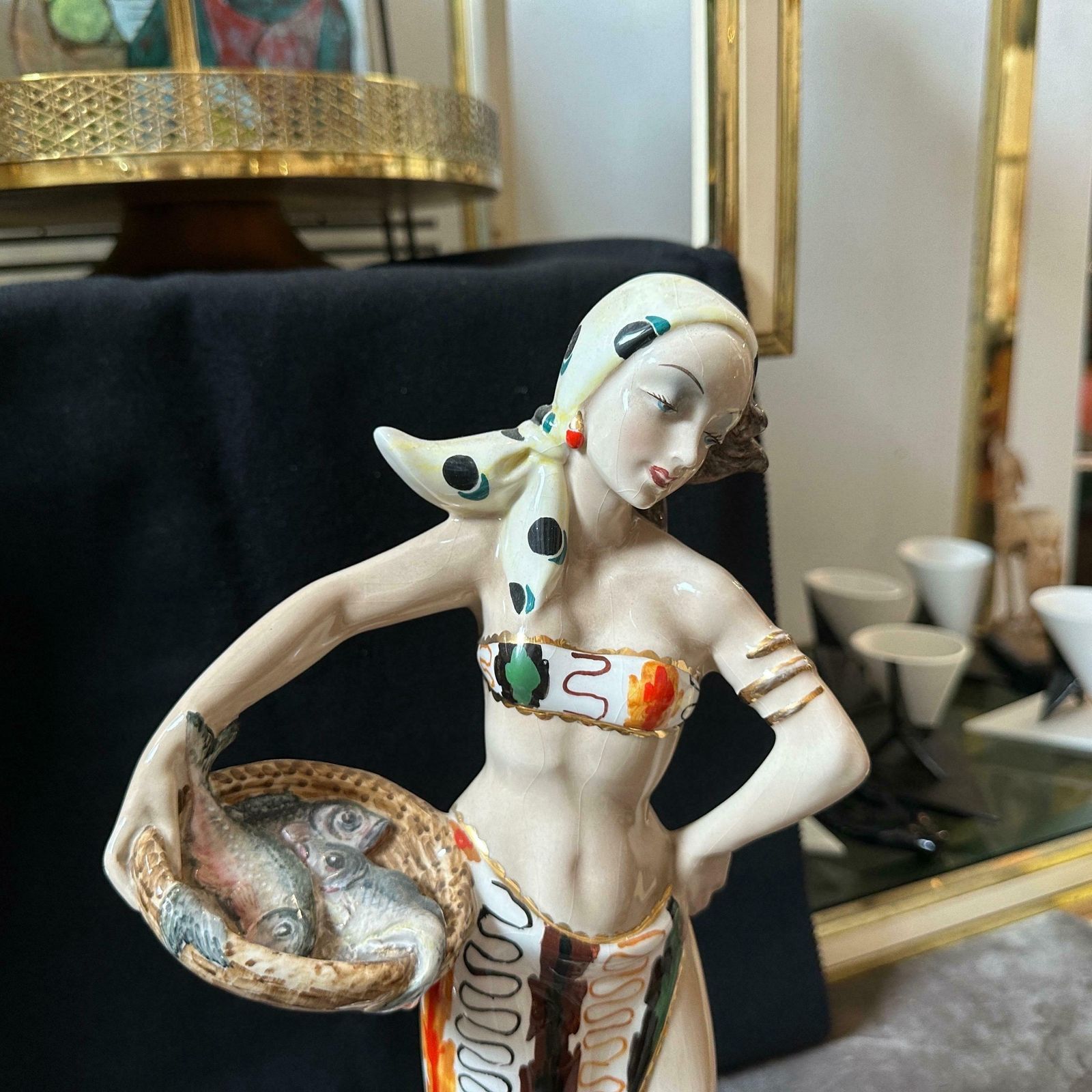 photo furniture 1950s Mid Century Modern Ceramic Italian Figure Of A Woman With Fishes