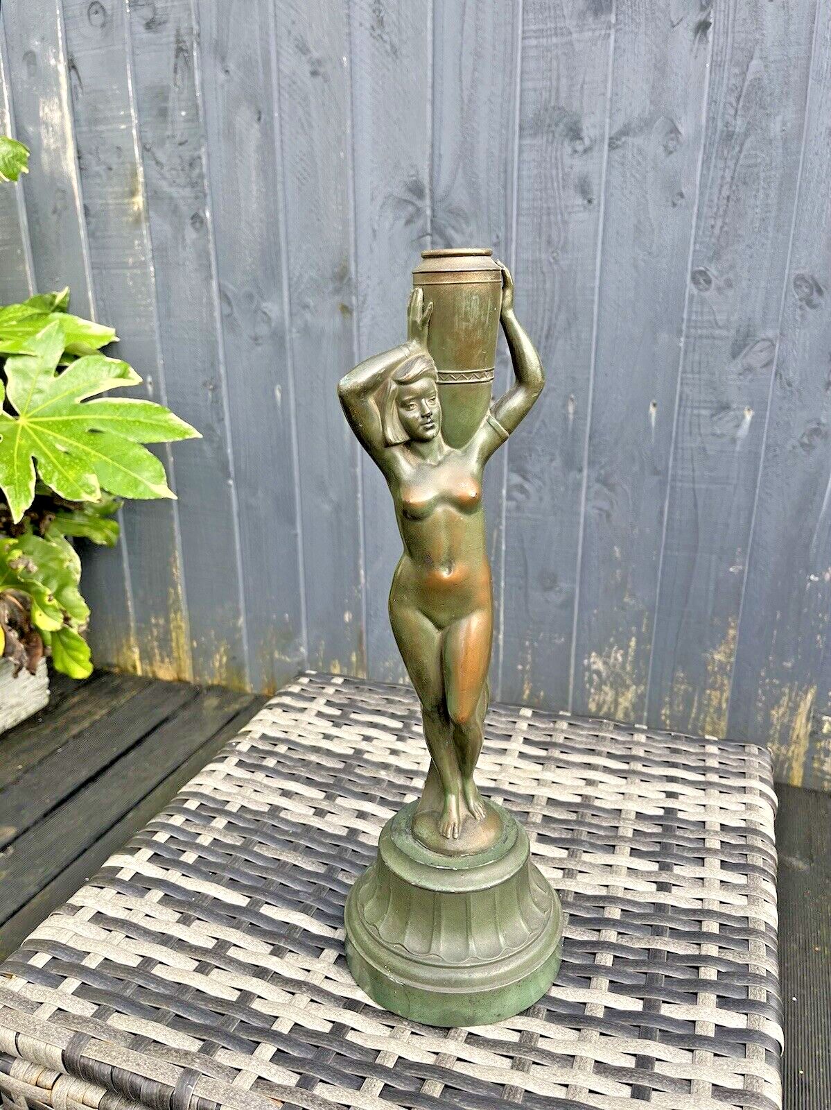 Original Antique Art Deco 30's French Bronze Spelter Nude Lady Maiden Lamp Base photo furniture