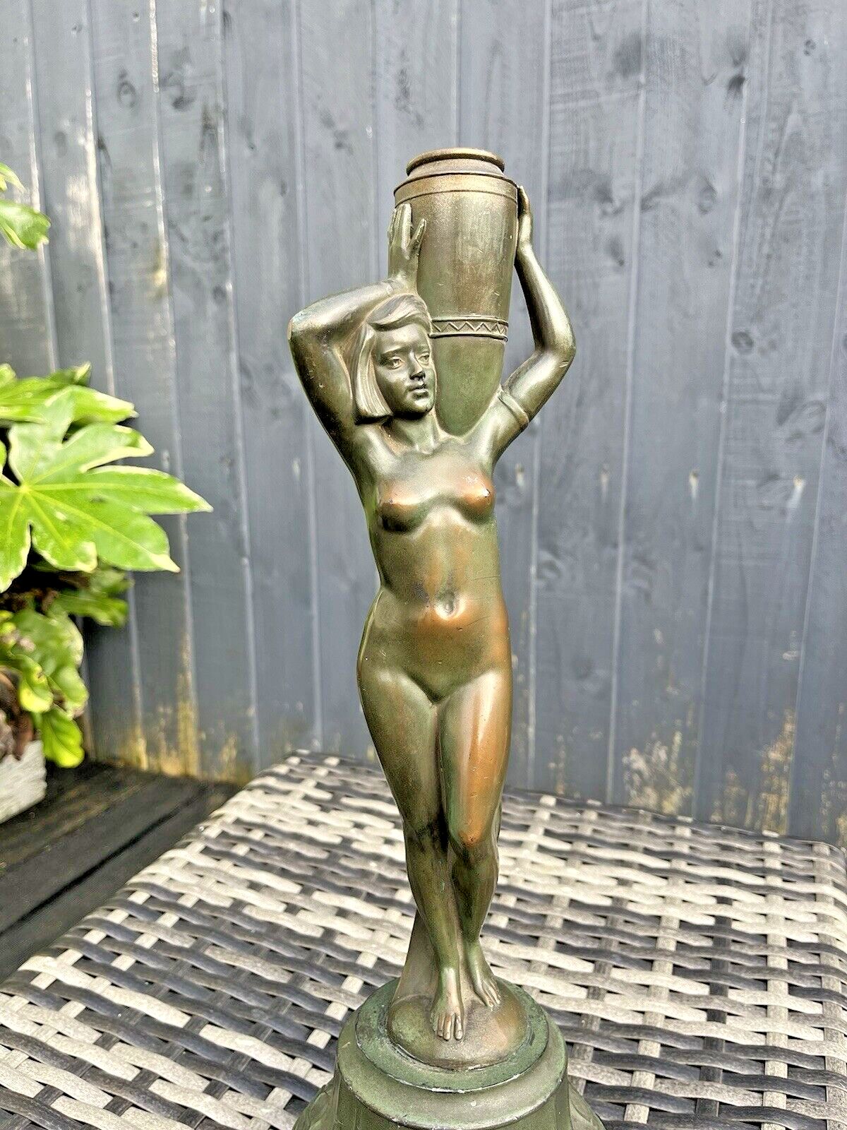 Original Antique Art Deco 30's French Bronze Spelter Nude Lady Maiden Lamp Base photo vinterior