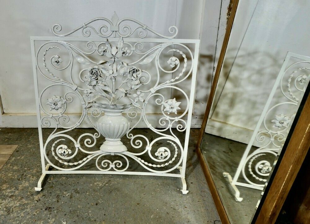 White Wrought Iron And Toleware Fire Screen Decorated With Flowers photo 672.0