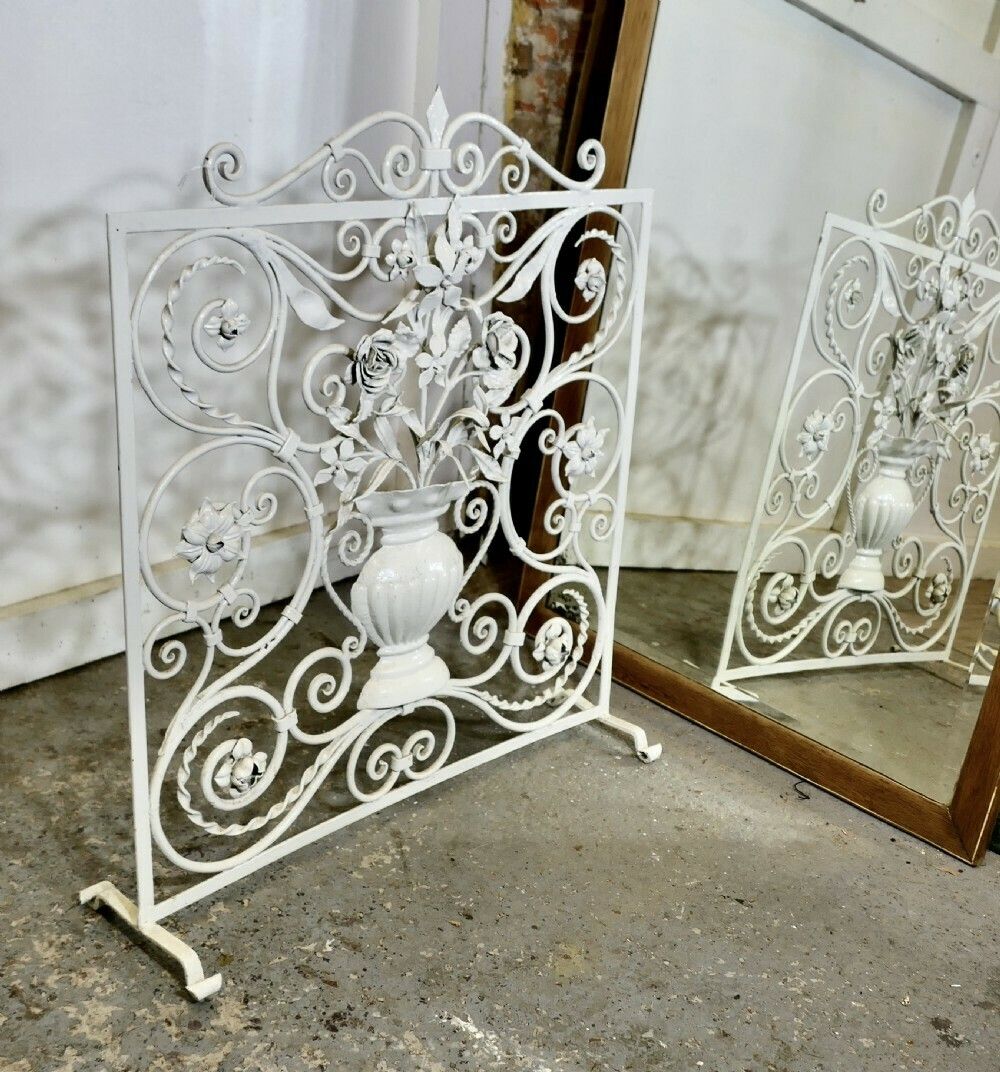 White Wrought Iron And Toleware Fire Screen Decorated With Flowers photo vinterior