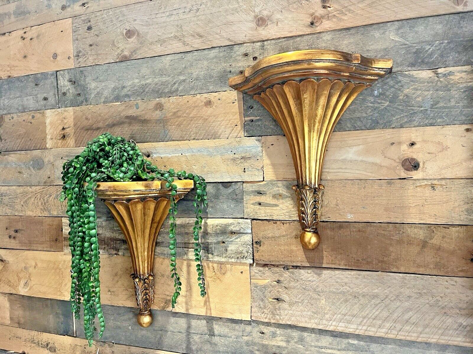 Pair Of Ornate Acanthus Leaf Cold Paint Gilt Rococo Baroque Vintage Wall Shelves