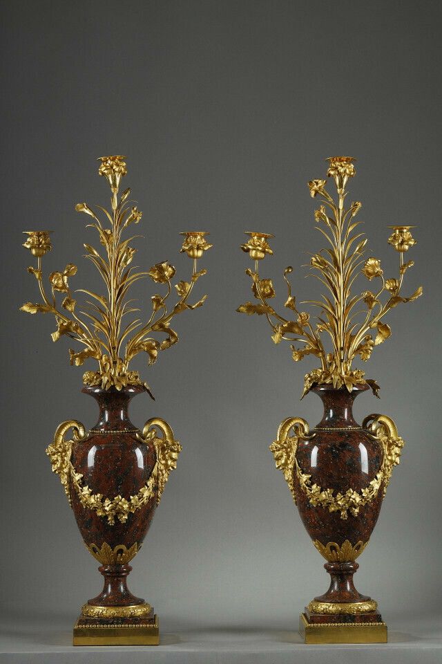 Pair Of Louis XVI Style Candelabra In Griotte Red Marble And Gilt Bronze photo for sale