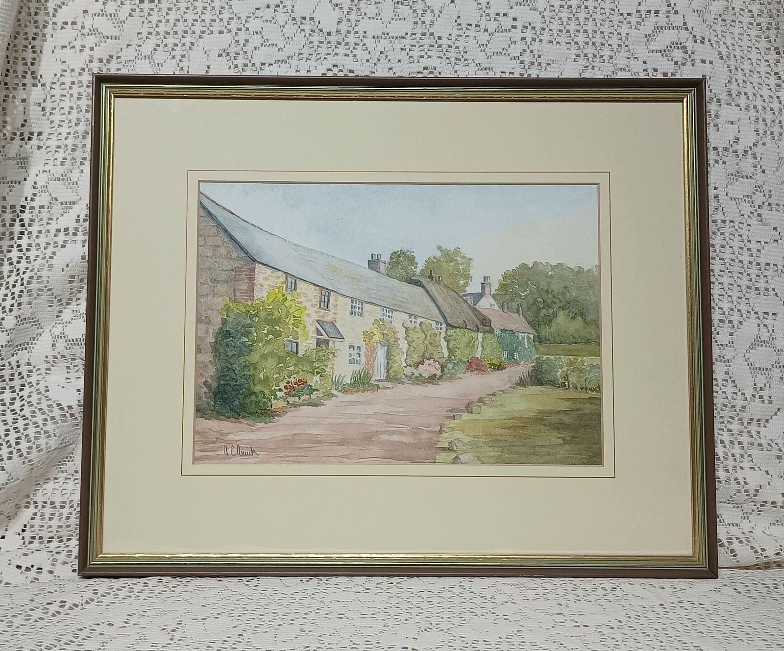 Original Watercolour Painting Country Cottages Wall Flowers Artist Signed.