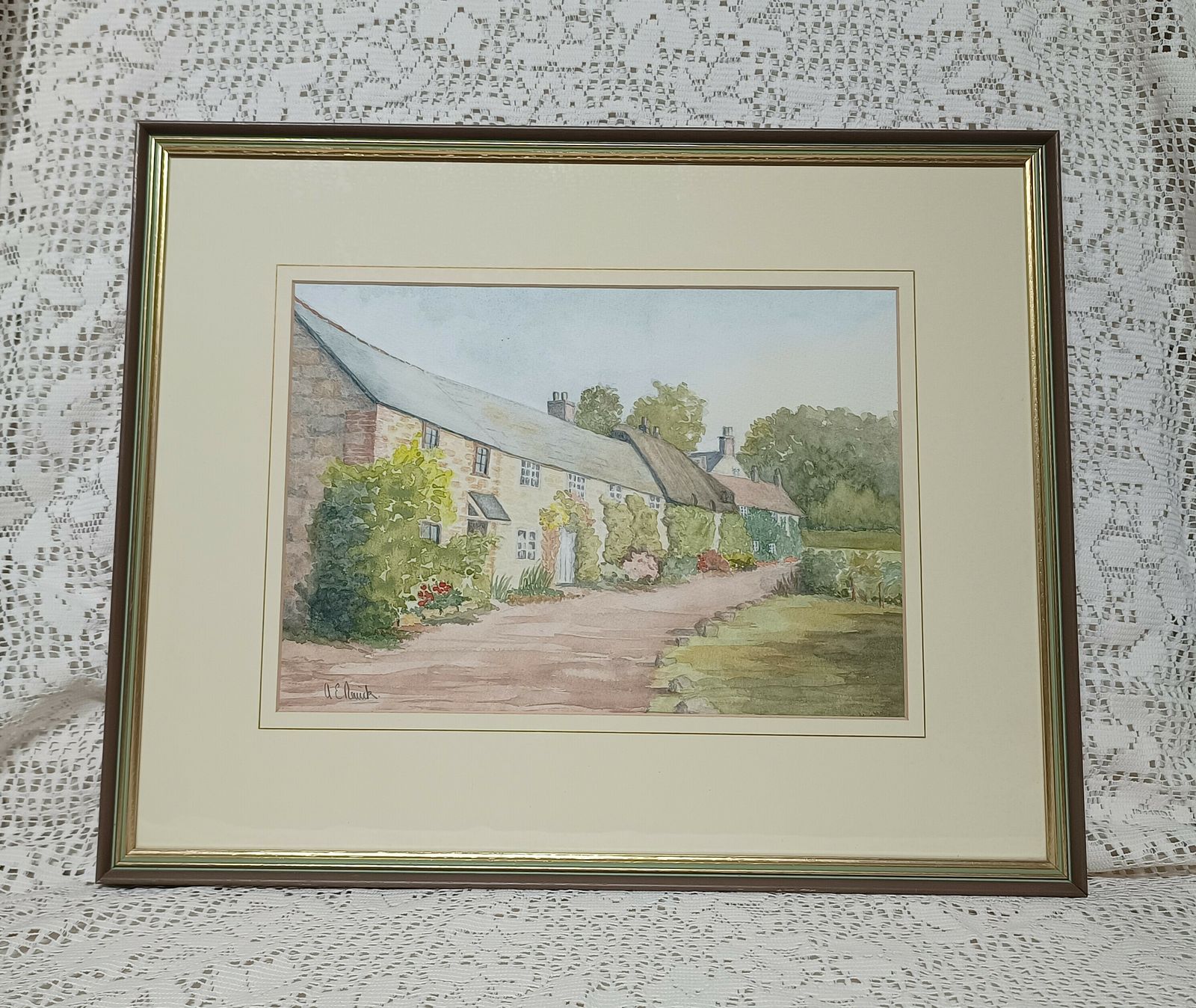 Original Watercolour Painting Country Cottages Wall Flowers Artist Signed. photo vinterior