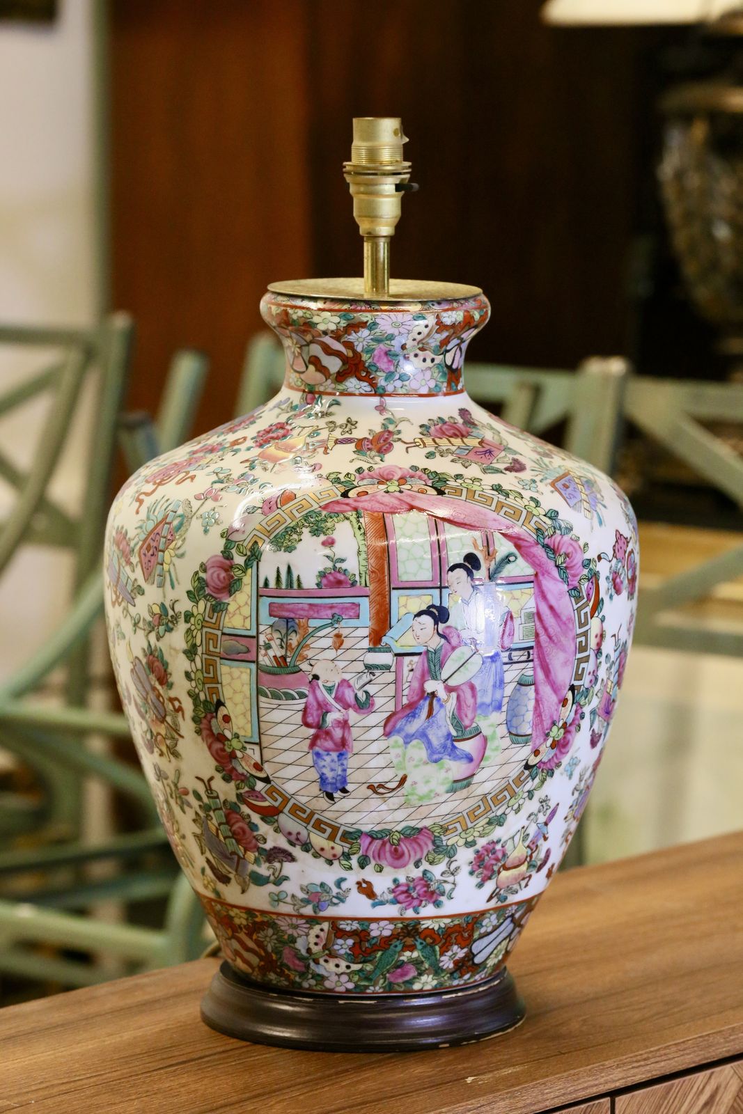 Pair Chinese Antique Famille Rose Porcelain Lamps With Court Scenes   51cm Height photo furniture