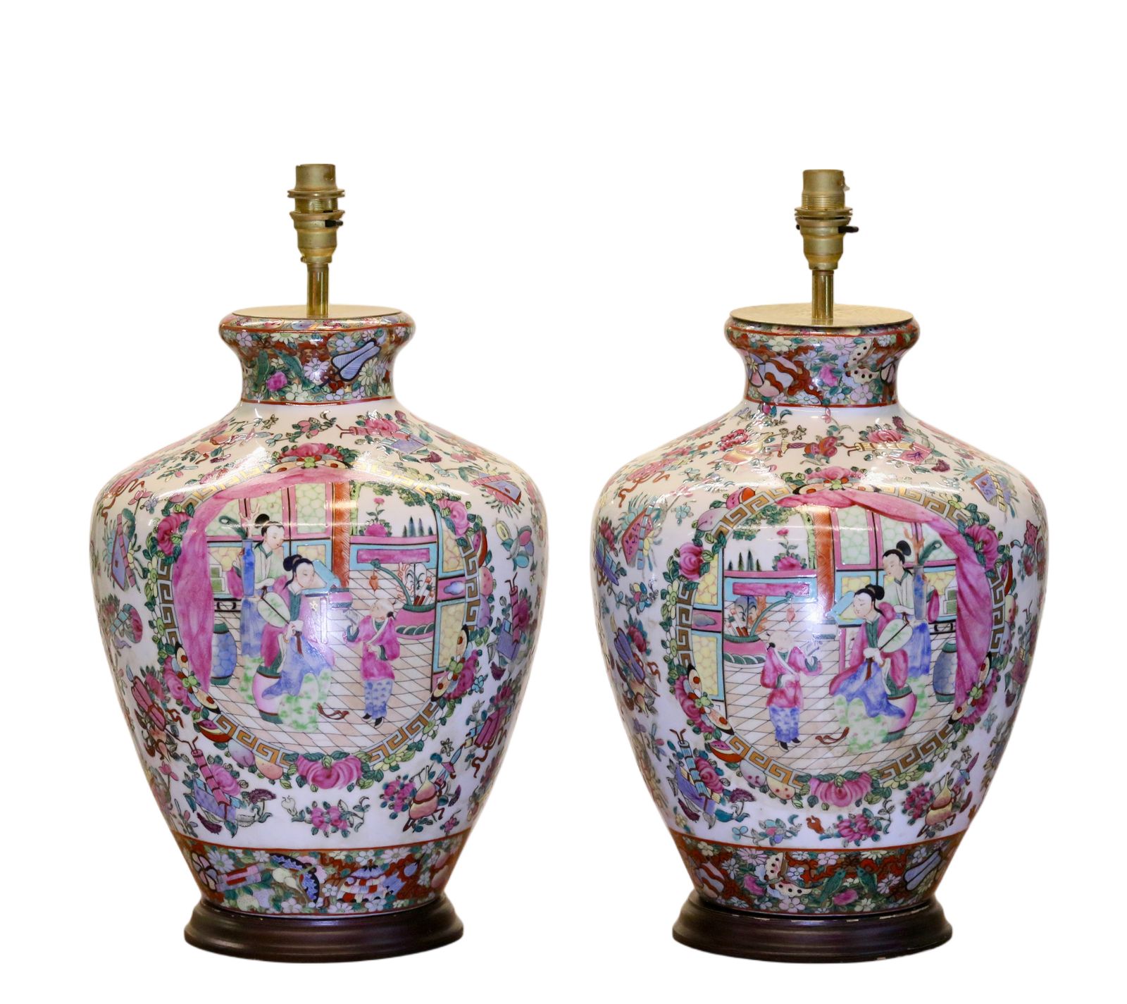 Pair Chinese Antique Famille Rose Porcelain Lamps With Court Scenes   51cm Height