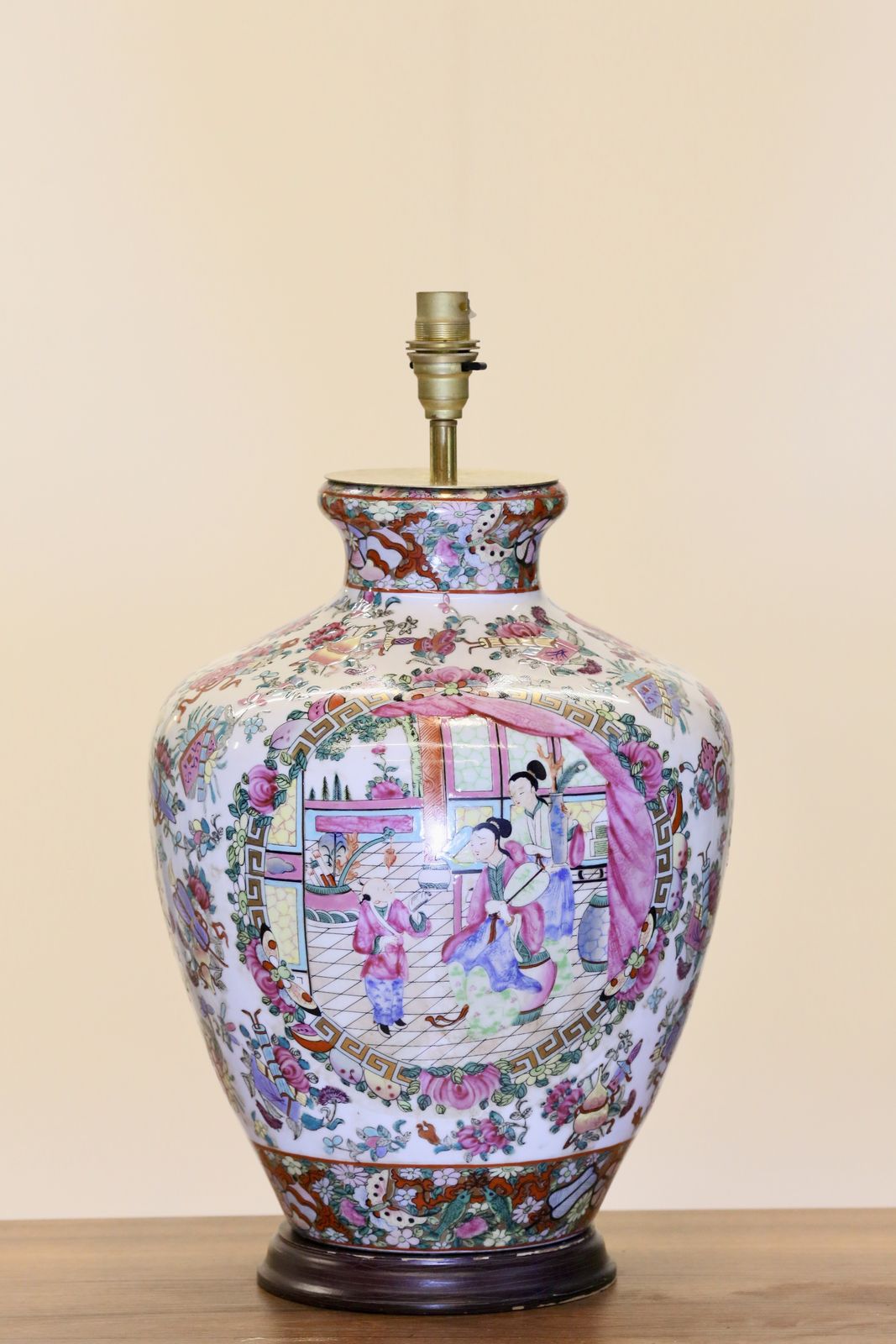 photo for sale Pair Chinese Antique Famille Rose Porcelain Lamps With Court Scenes   51cm Height