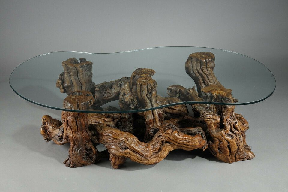 Coffee Table Made Of Tree Roots With Bean Shaped Glass Top photo for sale