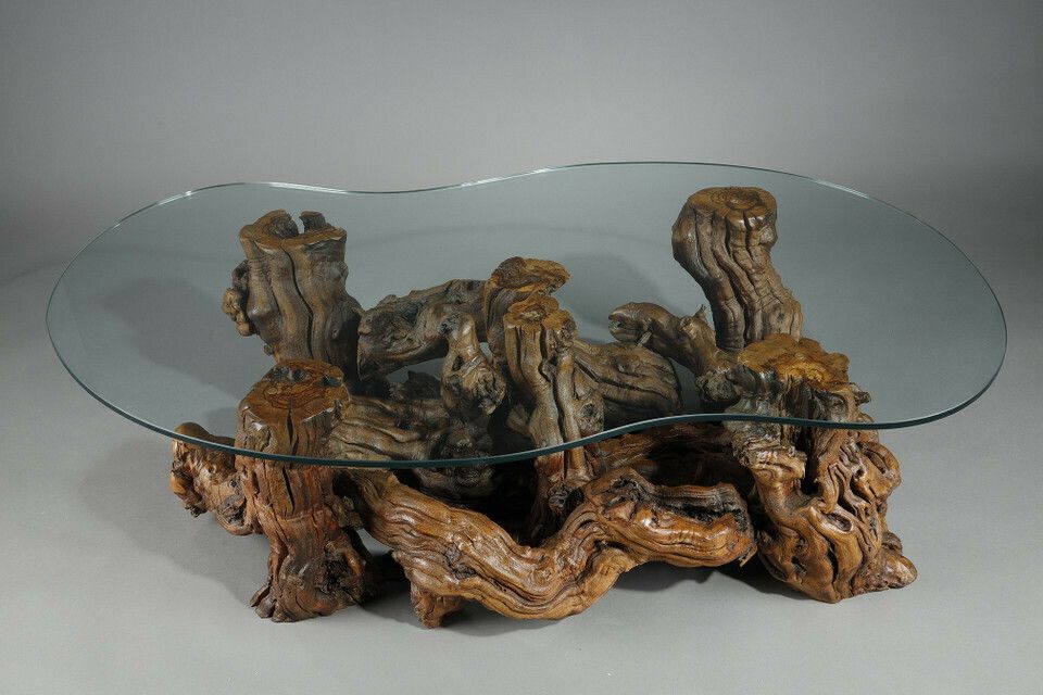 Coffee Table Made Of Tree Roots With Bean Shaped Glass Top photo Furniture