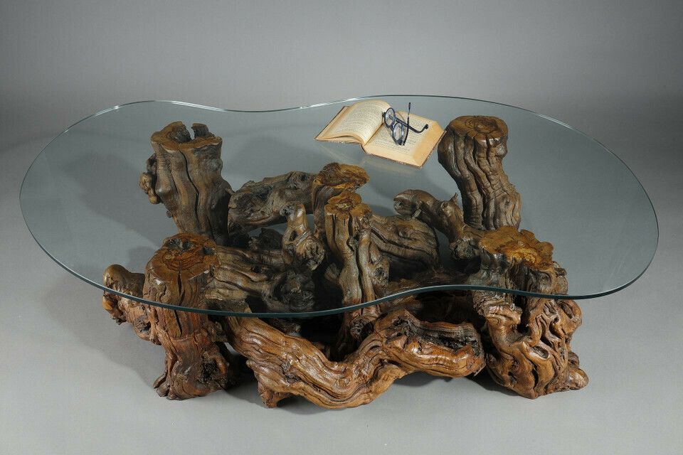 Coffee Table Made Of Tree Roots With Bean Shaped Glass Top photo 3054.0
