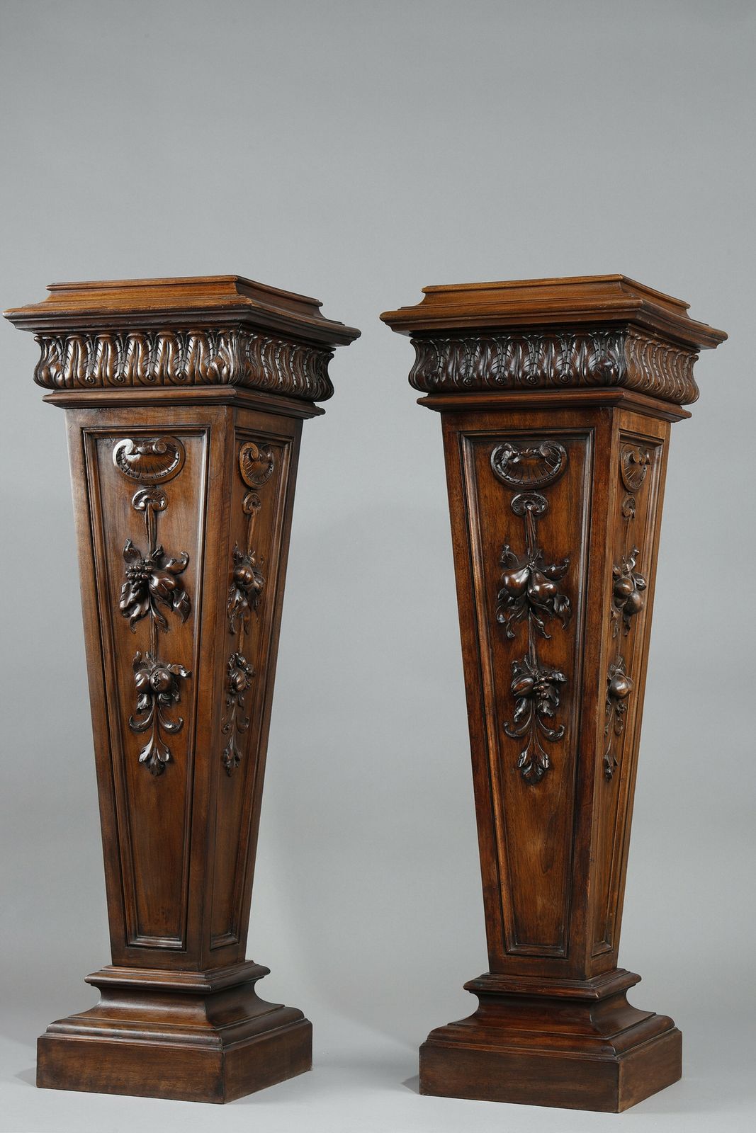 Pair Of Carved Molded Walnut Sellettes With Fruit And Plant Decorations photo Home Decor