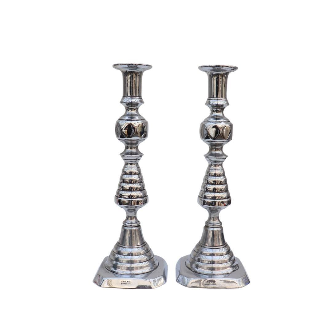 Large Antique Beehive Chrome Plated Brass Candlesticks Holders, Victorian Candle Holders photo Home Decor