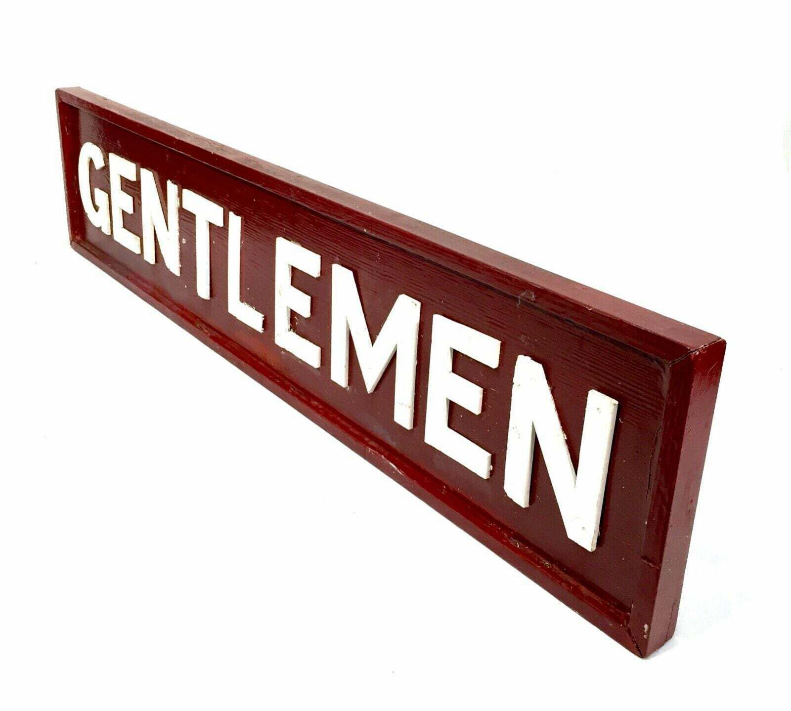 Antique Large Gentlemen Wooden Toilet Sign / Wall Mounted / Red & White photo for sale