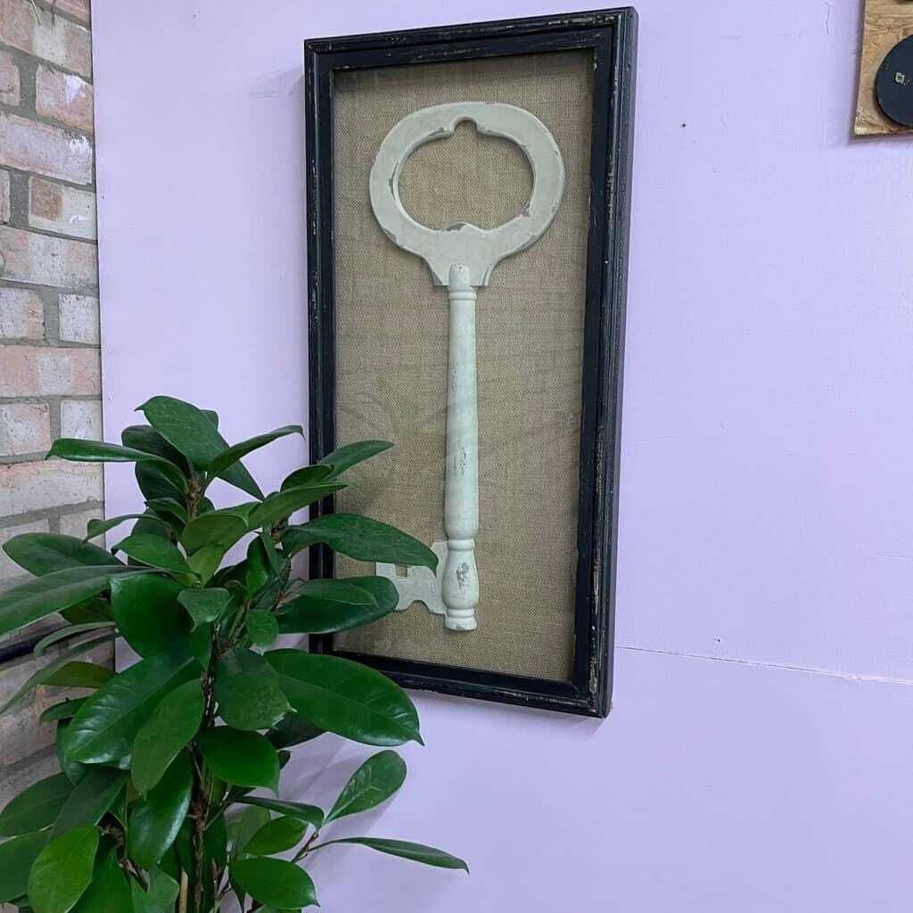 Framed Wooden Large Key Hessian Backed In Black Boxed Frame photo vintage