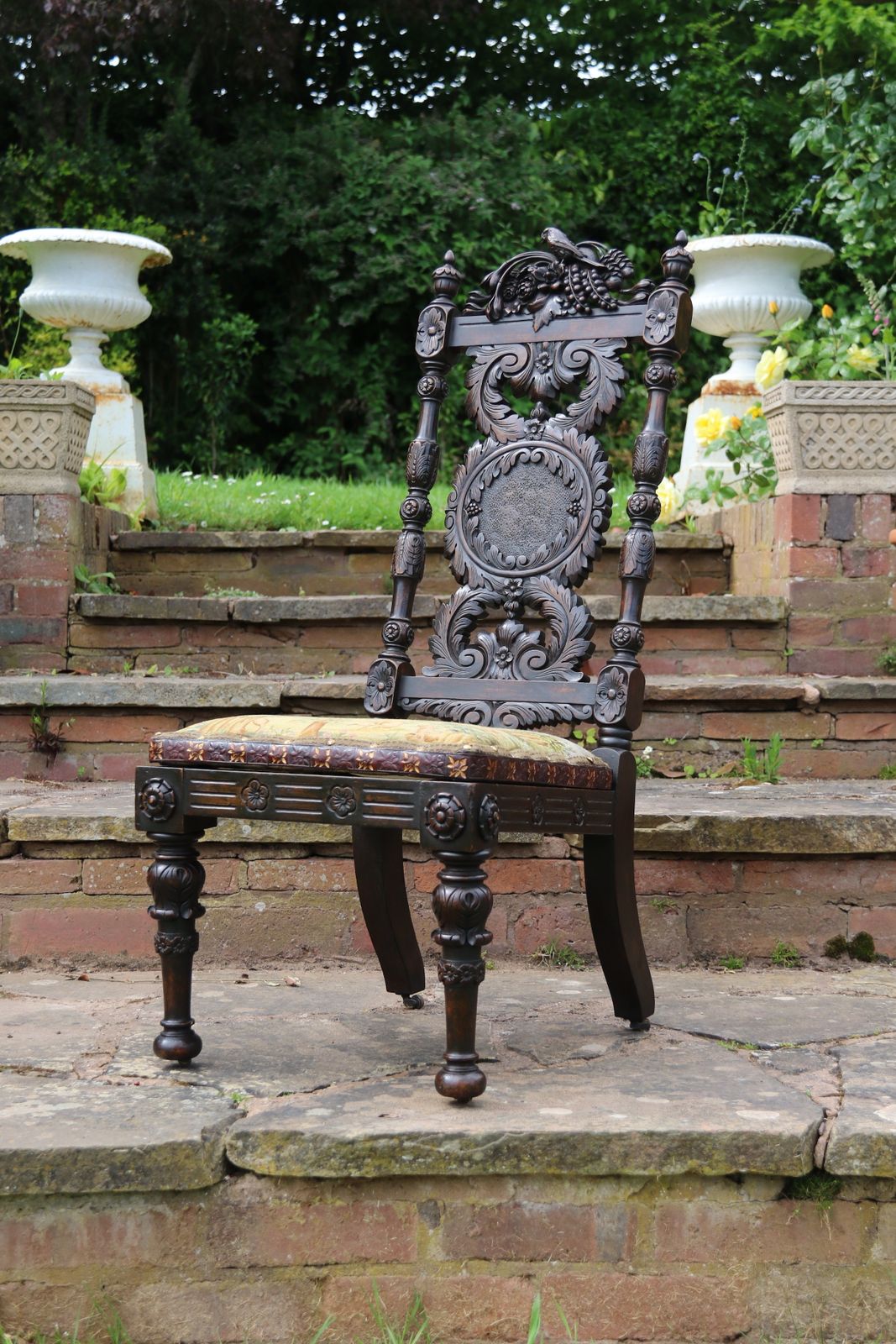 A 19th Century English Country House Carved Walnut High Backed Chair With A Tapestry Seat photo vinterior
