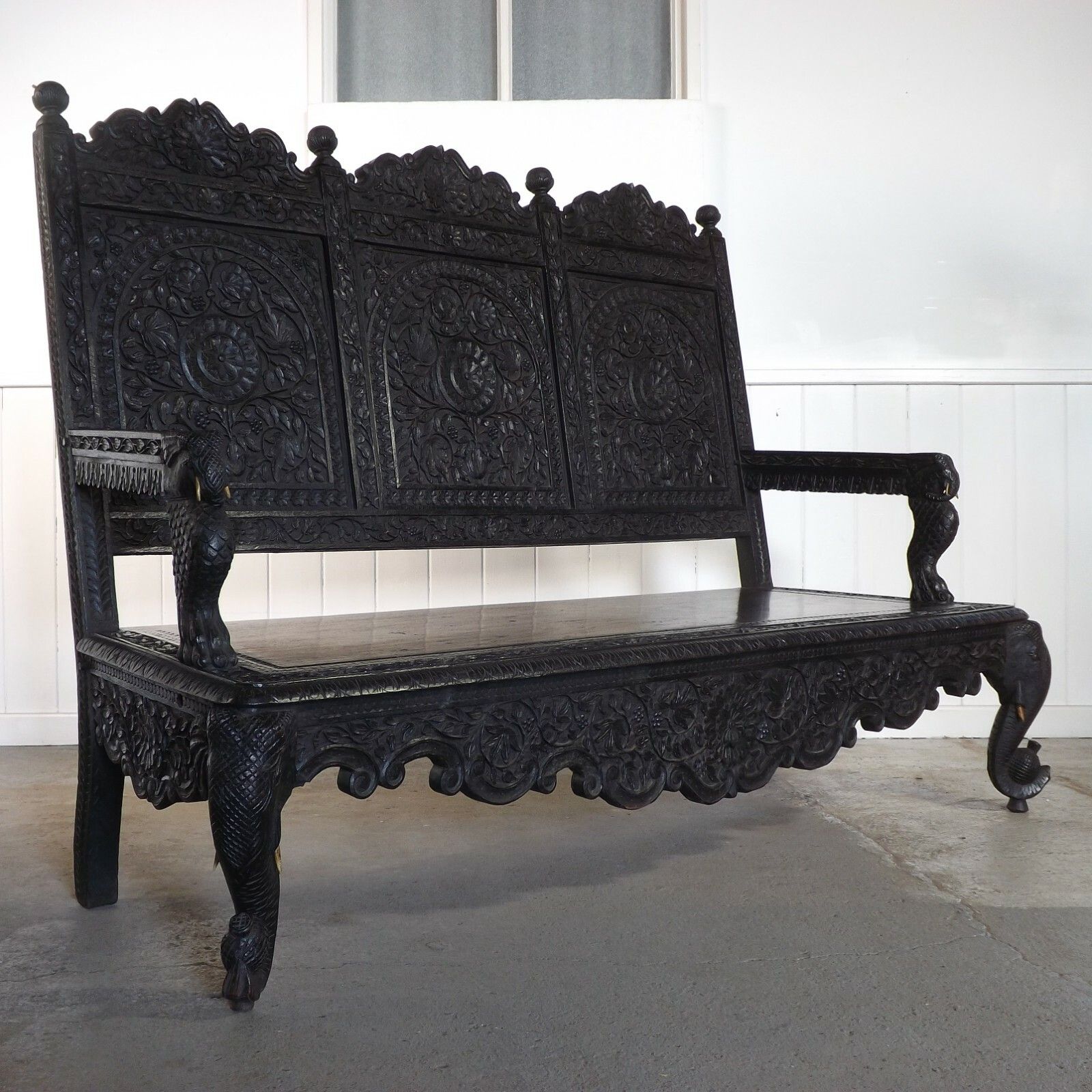 Anglo Indian Bench (Delivery Available) Teak Carved Elephants