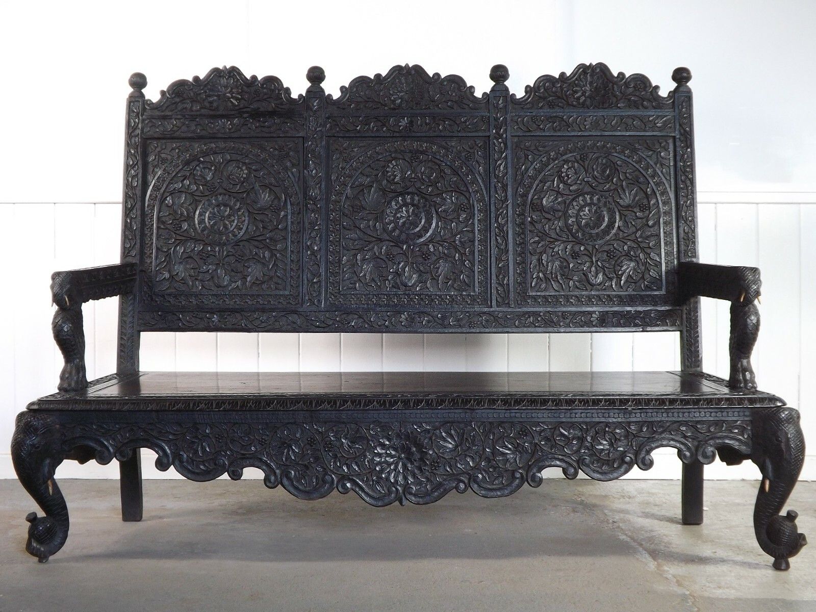 Anglo Indian Bench (Delivery Available) Teak Carved Elephants photo for sale