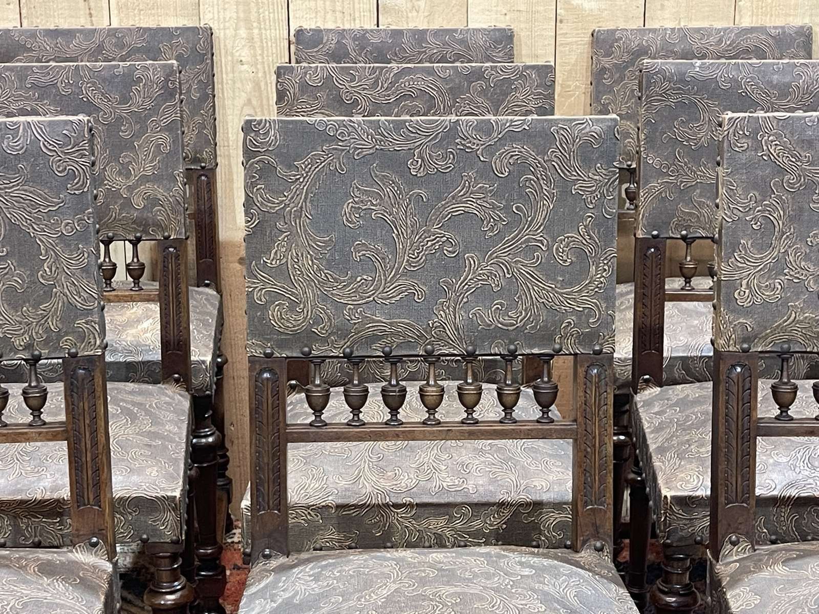 photo for sale Set Of 12 Henry II Chairs In Walnut And Leatherette, Early 20th Century