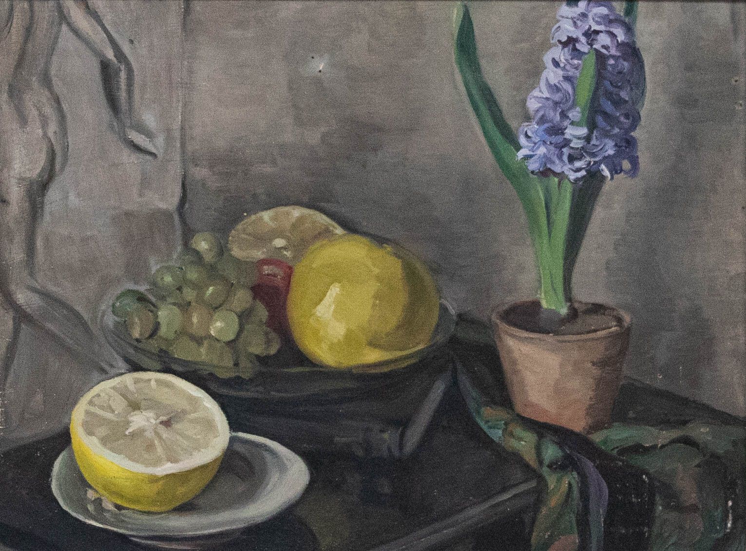 Framed Mid 20th Century Oil Still Life, White Grapefruit With Hyacinth Plant photo furniture