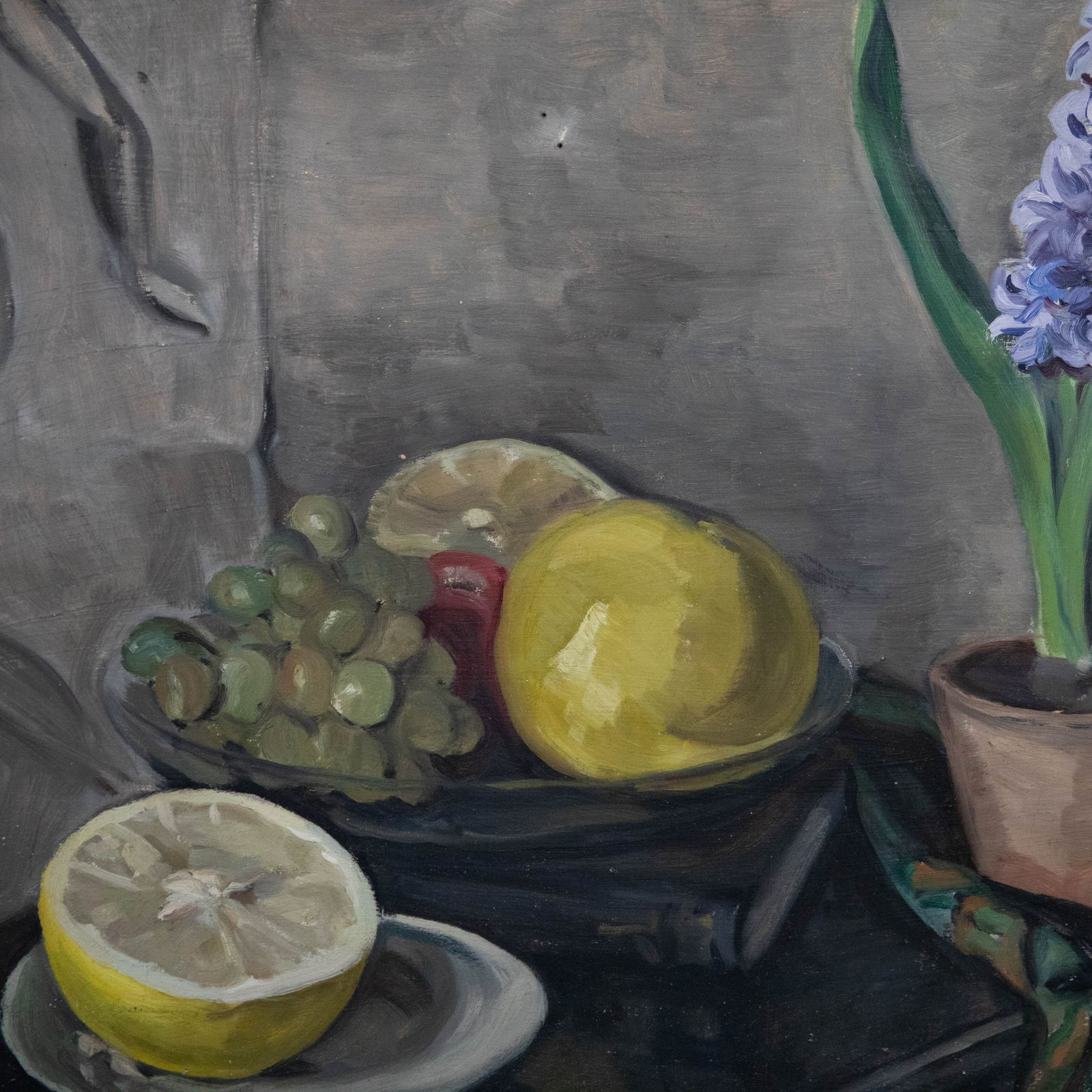 Framed Mid 20th Century Oil Still Life, White Grapefruit With Hyacinth Plant photo Art