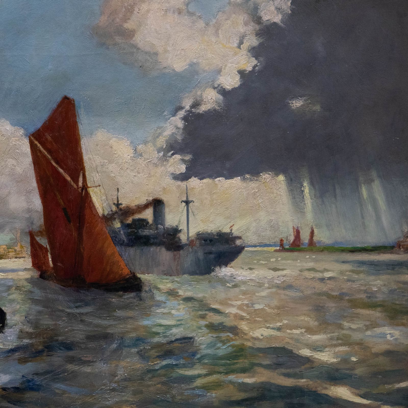 A. I. Charles Framed 20th Century Oil, Tug Towing Two Barges photo Art