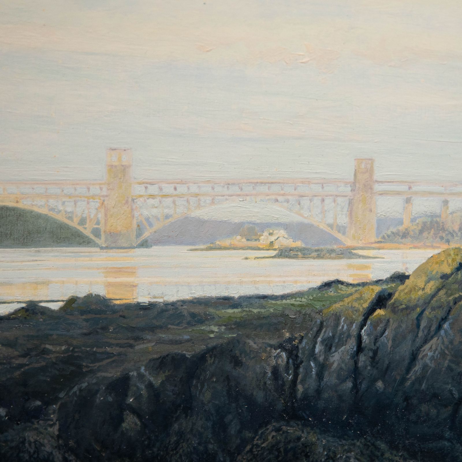 Gwyn Hughes (B.1953) 20th Century Oil, Britannia Bridge photo Art