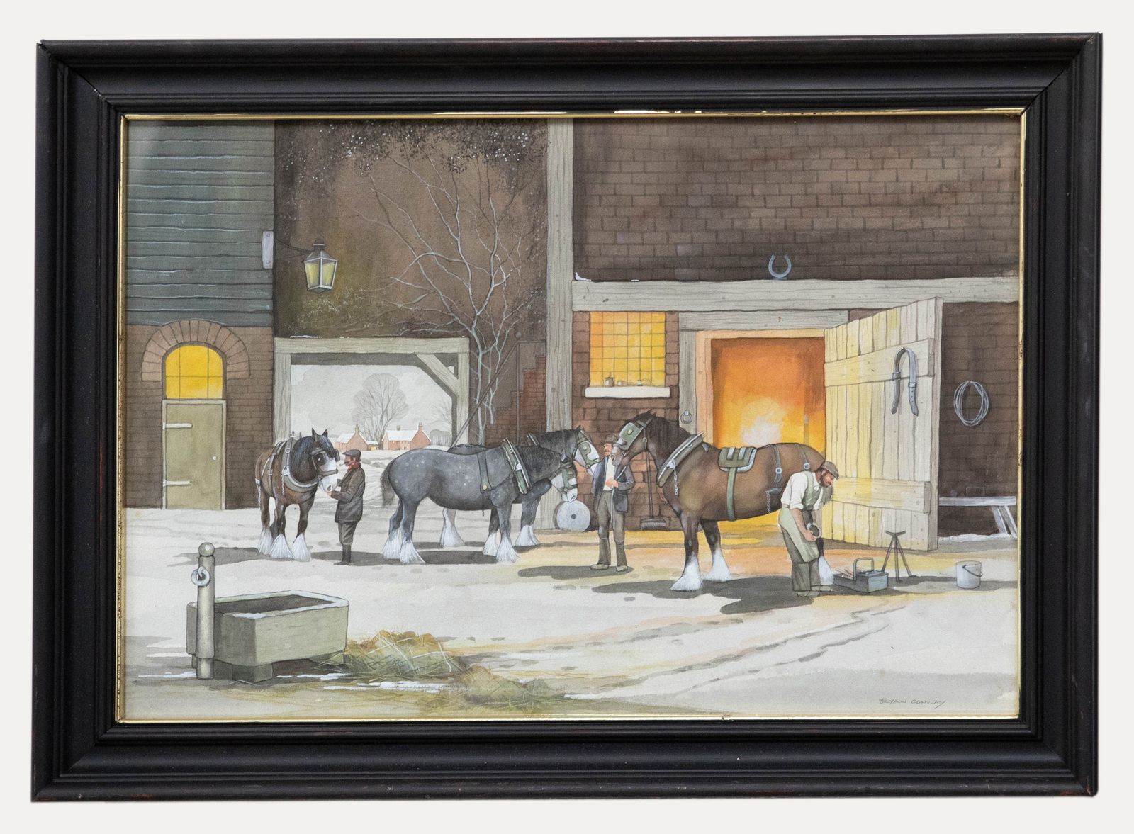 Bryan Conway Framed Contemporary Watercolour, Shire Horses Being Reshod