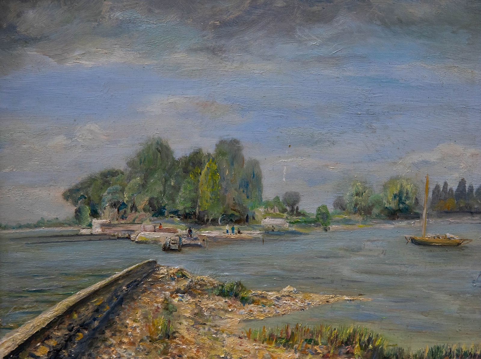Framed 20th Century Oil Fishing From The Jetty photo furniture