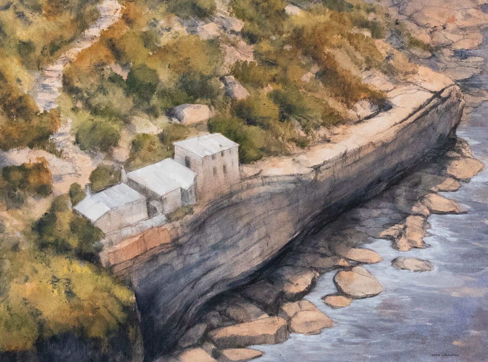 John Caldwell Framed 20th Century Mixed Media, Australia Coastline photo furniture