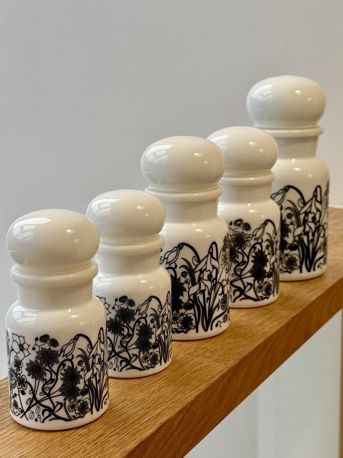 Set Of 5 1970s White Milk Glass Flower Design Bubble Lid Jars Made In Belgium photo vintage