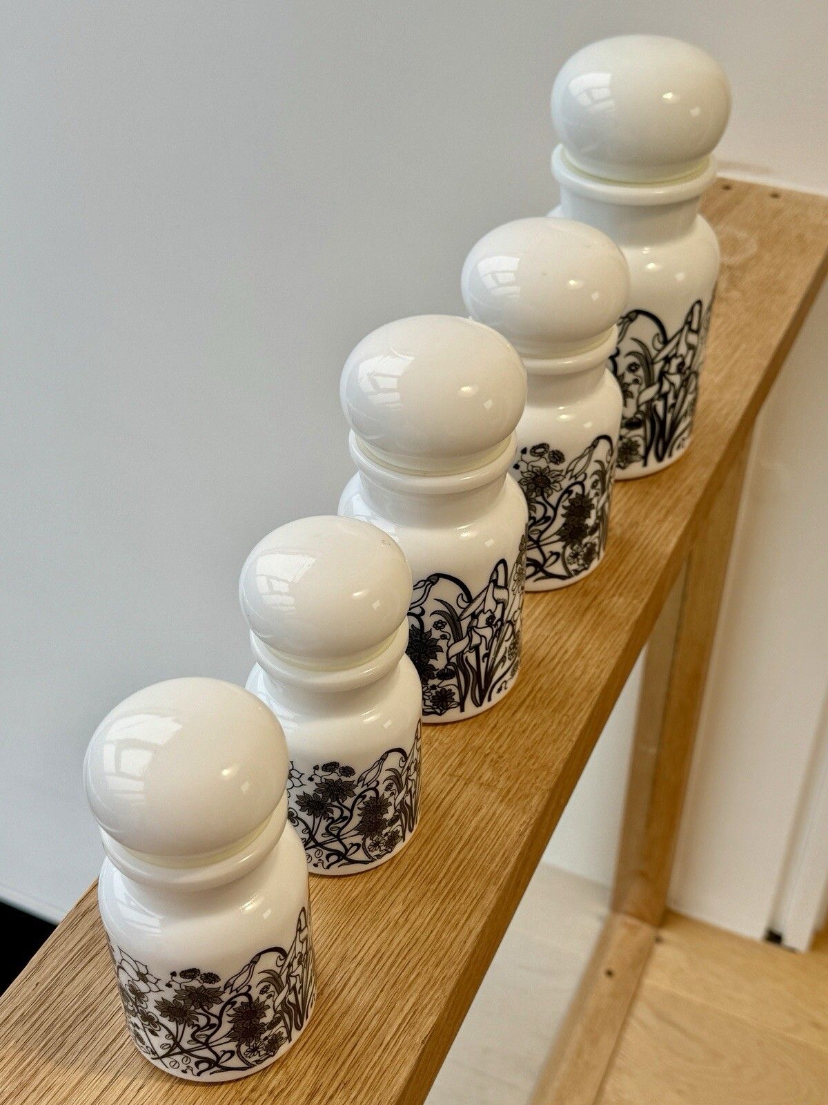photo furniture Set Of 5 1970s White Milk Glass Flower Design Bubble Lid Jars Made In Belgium