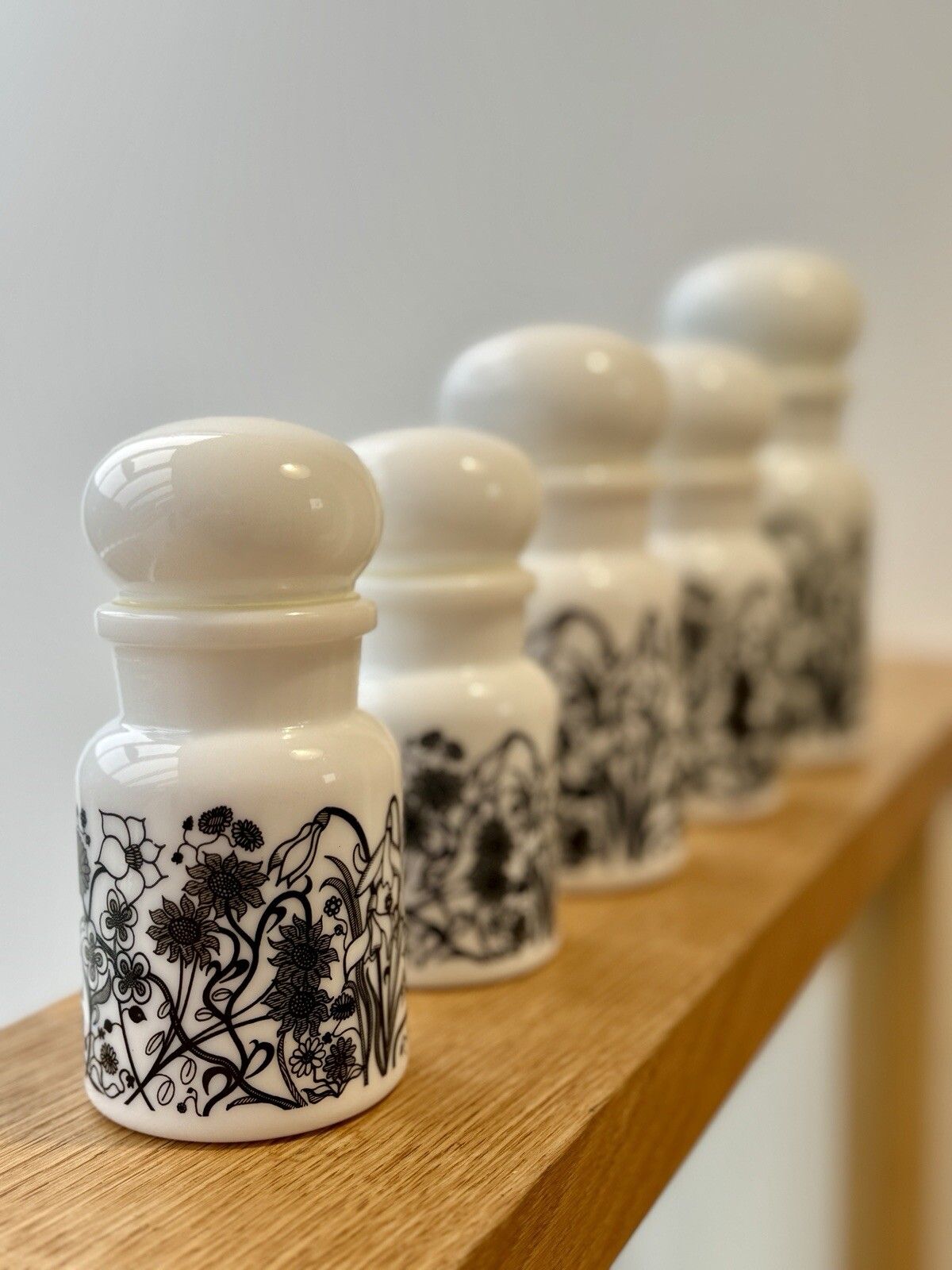 Home Decor Set Of 5 1970s White Milk Glass Flower Design Bubble Lid Jars Made In Belgium photo