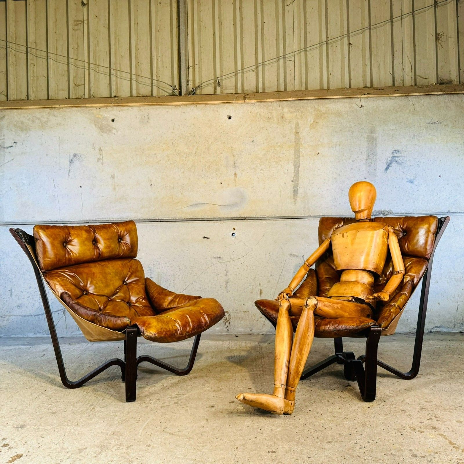 Vintage Pair Of 70s Scandinavian Viking Chairs By Jim Myrstad Tan Leather #A418