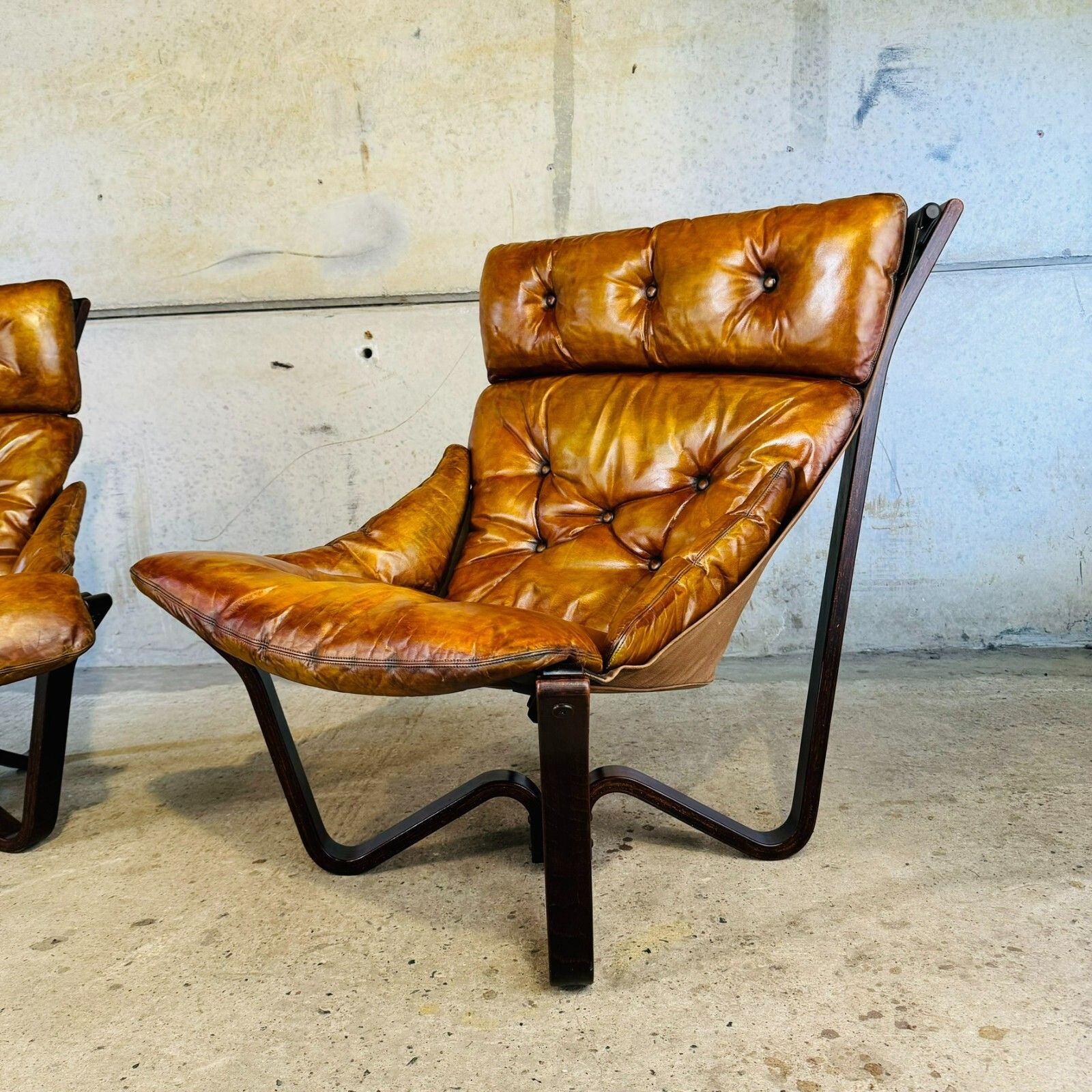 photo for sale Vintage Pair Of 70s Scandinavian Viking Chairs By Jim Myrstad Tan Leather #A418