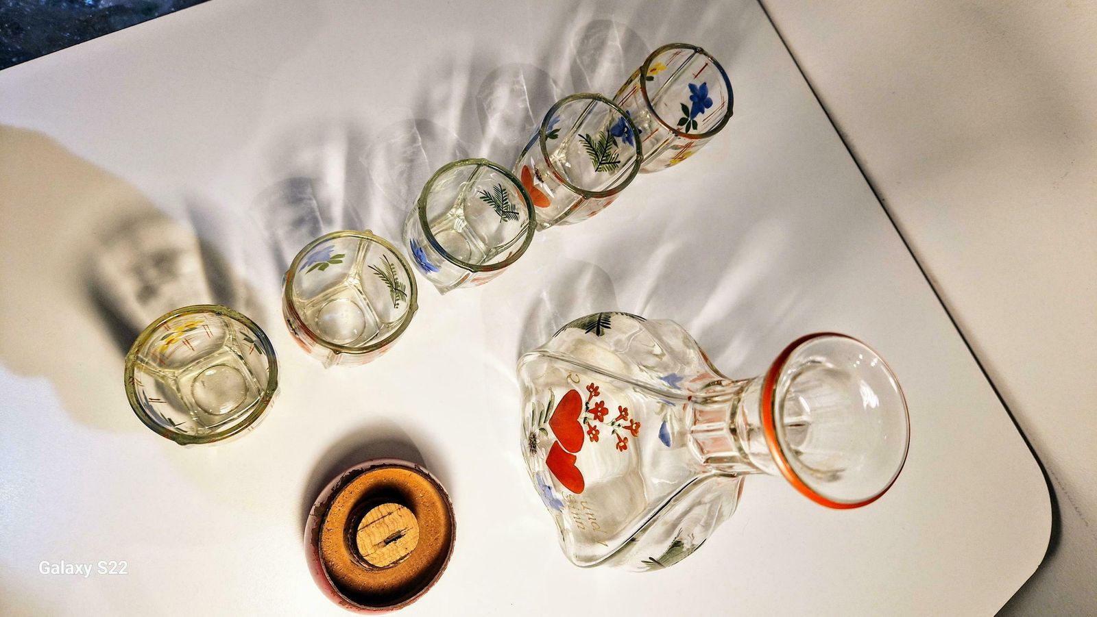 Hand Painted Holmegaard Klukflaske Decanter And Five Glasses photo vintage