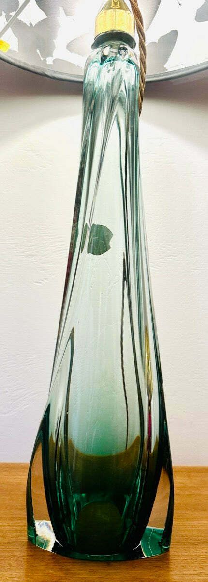 1950s Belgium Val St Lambert Green & Clear Crystal Glass Table Lamp photo vintage