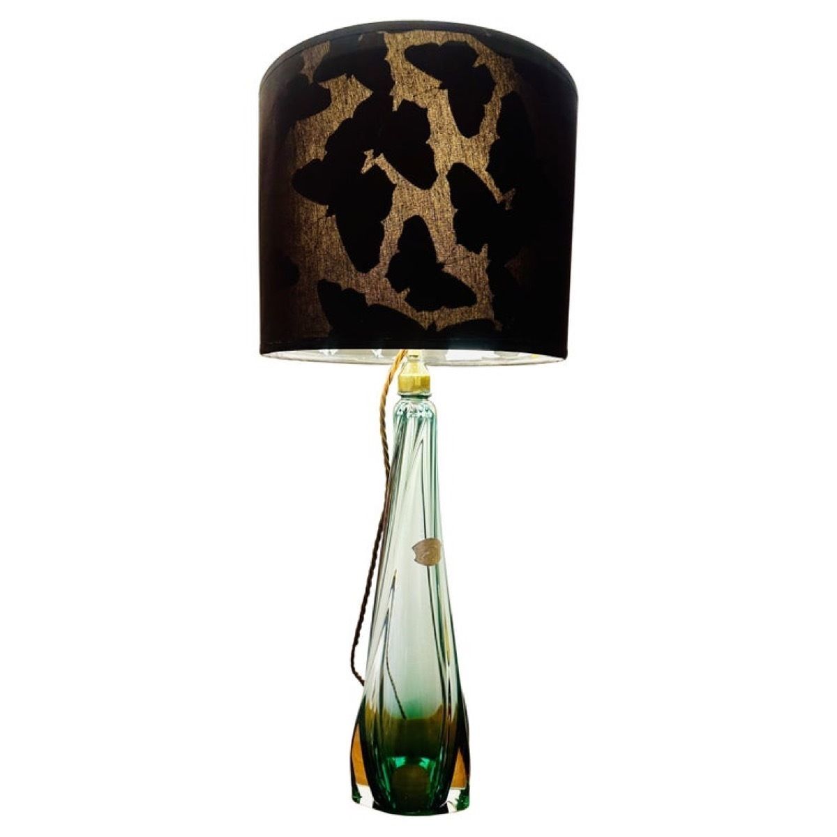 1950s Belgium Val St Lambert Green & Clear Crystal Glass Table Lamp