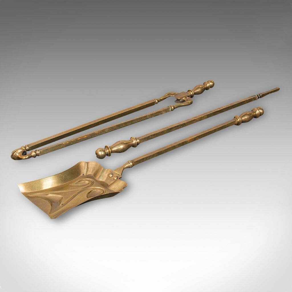 Set Of 3 Antique Fireside Tools, English, Brass, Coal Shovel, Poker, Victorian photo furniture