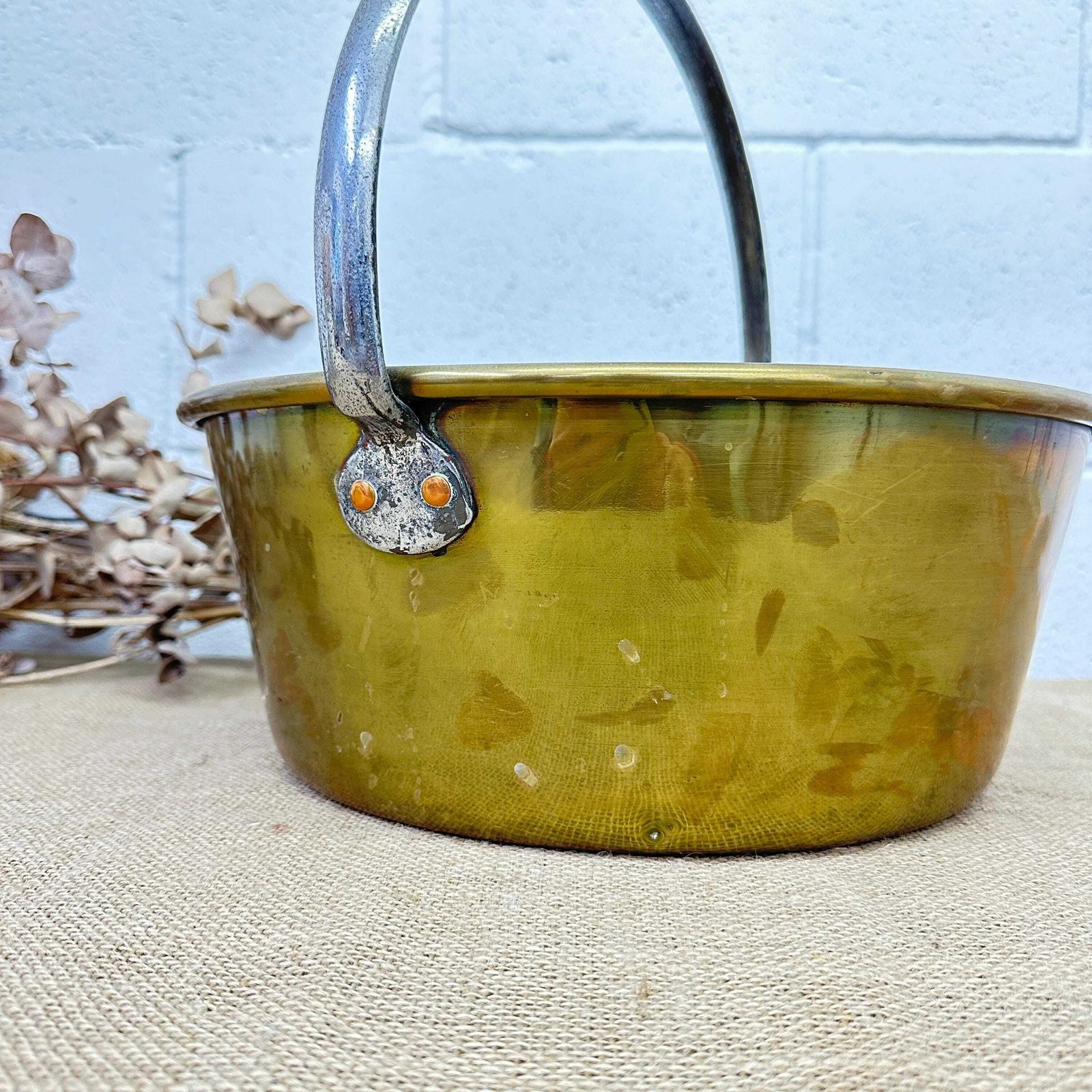 Antique Brass Jam Pan, Preserve Pot, Heavy Cooking Pot With Bracket photo buy