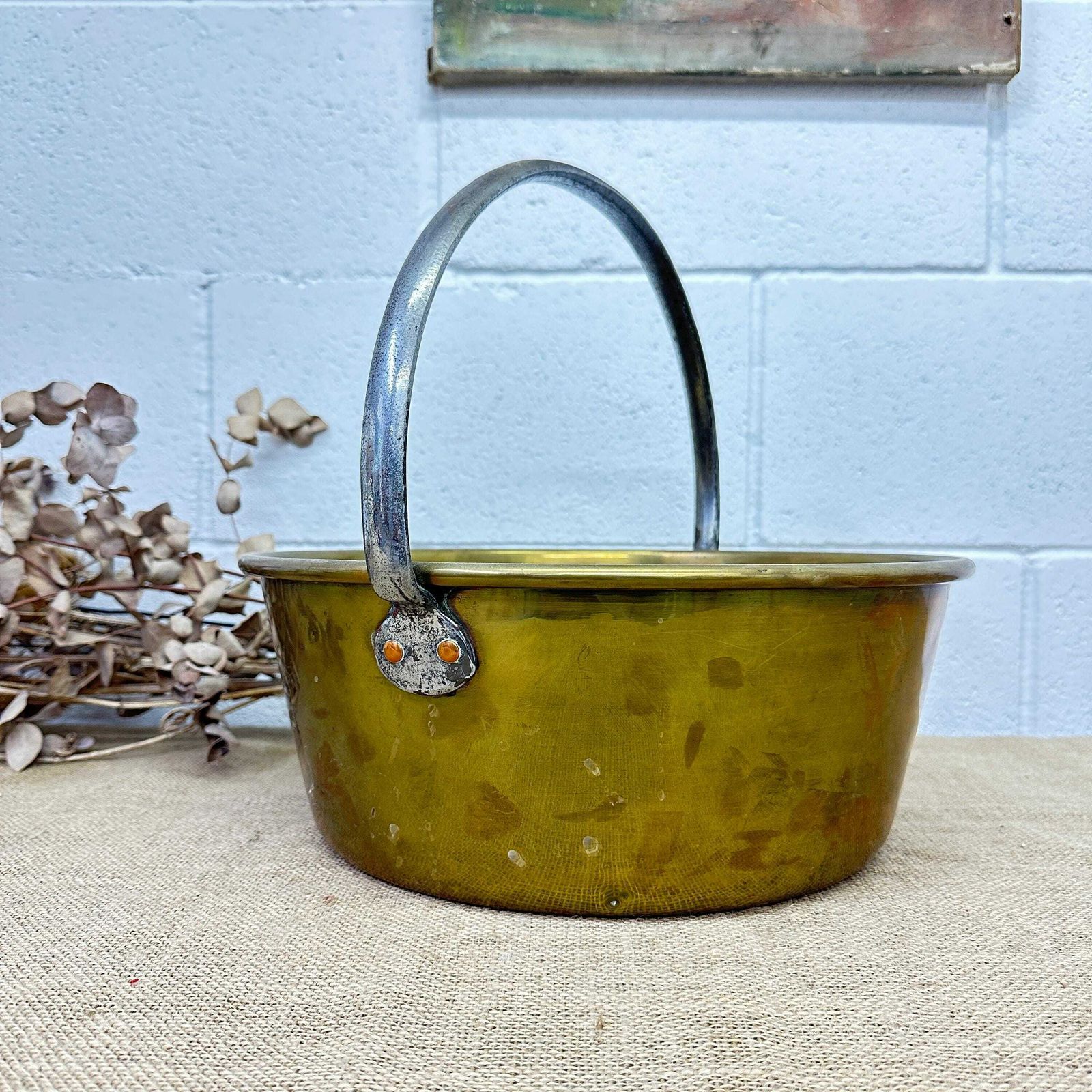 Antique Brass Jam Pan, Preserve Pot, Heavy Cooking Pot With Bracket photo vintage