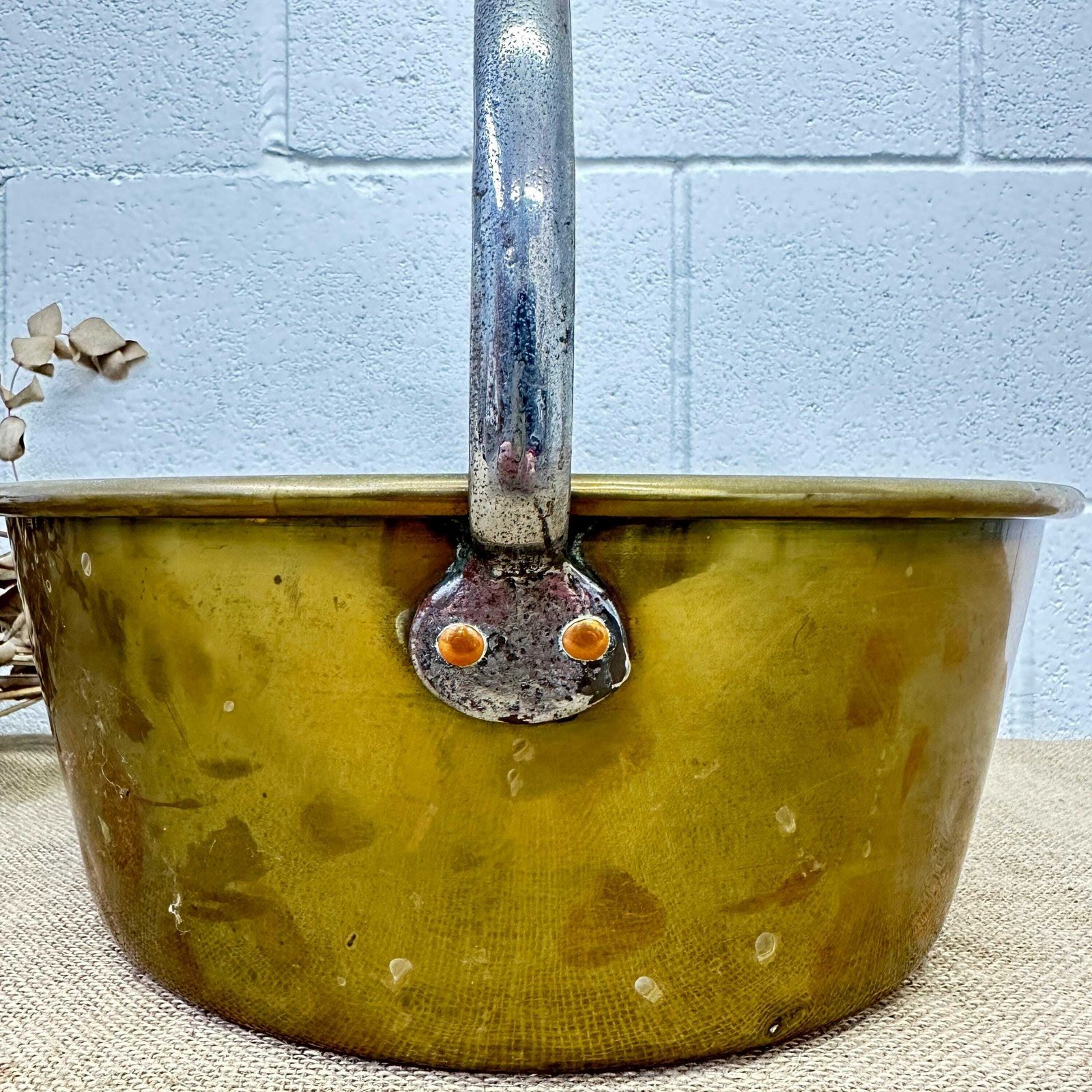 photo furniture Antique Brass Jam Pan, Preserve Pot, Heavy Cooking Pot With Bracket