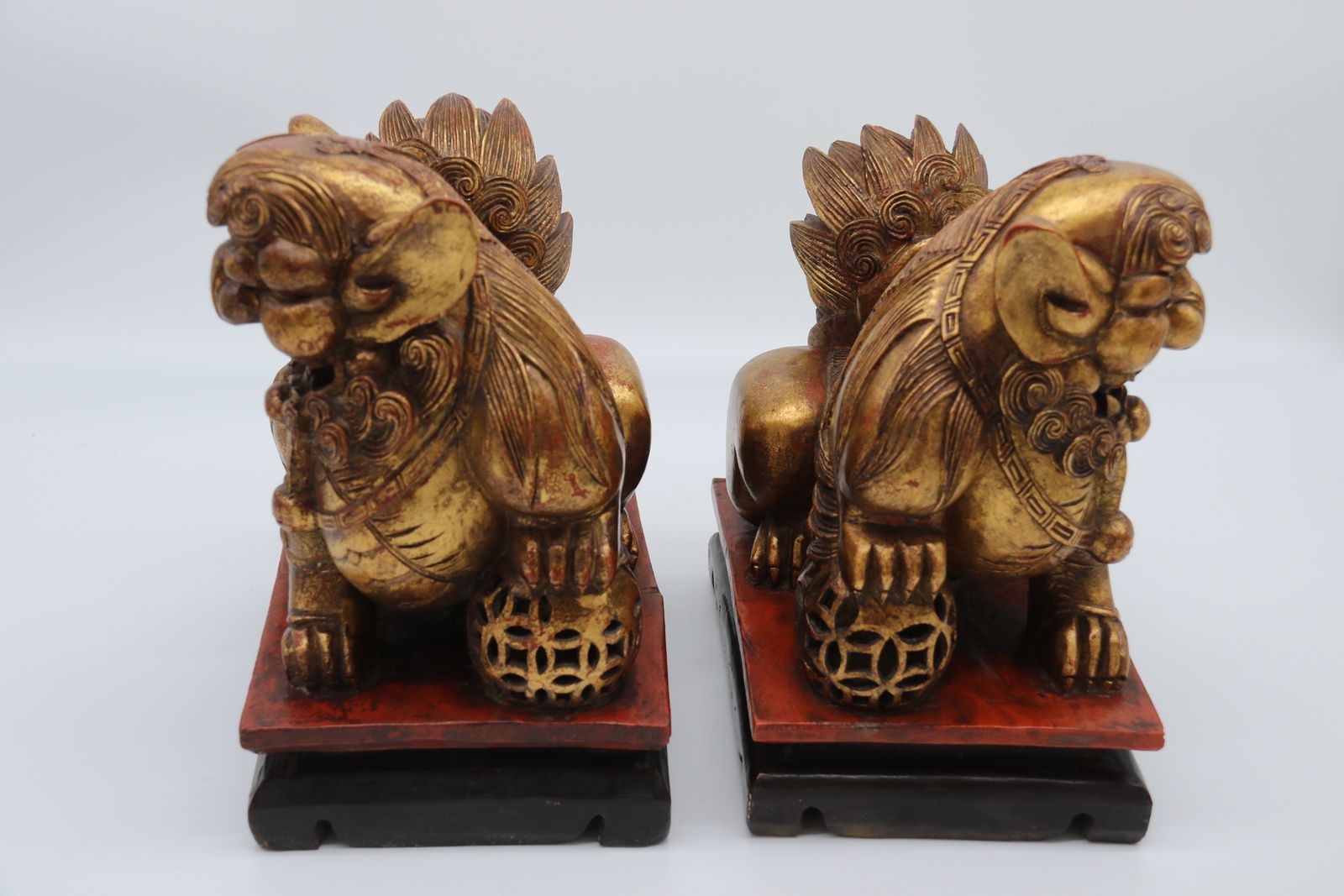 A Highly Decorative Pair Of Carved Gilt Wood And Lacquer Chinese Buddhist Lions Circa 1900 photo furniture