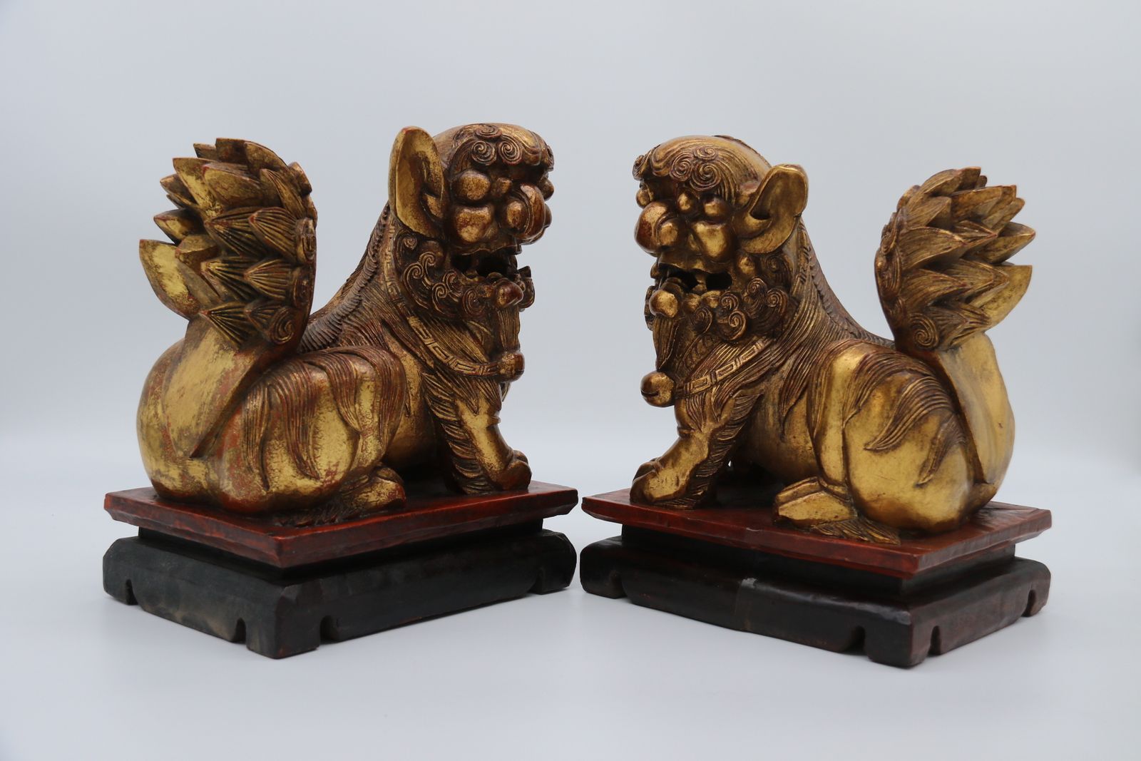 A Highly Decorative Pair Of Carved Gilt Wood And Lacquer Chinese Buddhist Lions Circa 1900 photo 1250.0