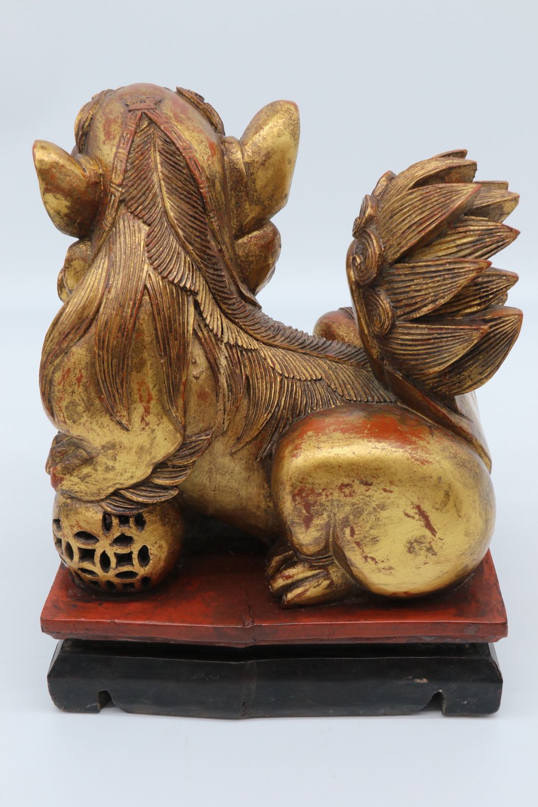 1250.0 A Highly Decorative Pair Of Carved Gilt Wood And Lacquer Chinese Buddhist Lions Circa 1900 photo