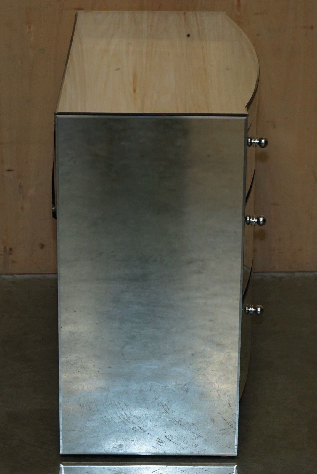 Suite Of Bow Fronted Mirrored Glass Chest Of Drawers With Pair Of Side Tables photo vinterior