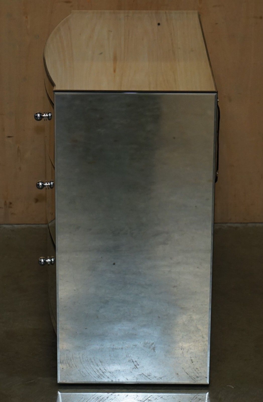 photo for sale Suite Of Bow Fronted Mirrored Glass Chest Of Drawers With Pair Of Side Tables